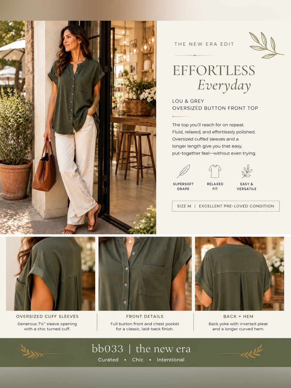 Lou & Grey Olive Green Oversized Button Front Top | Size M
